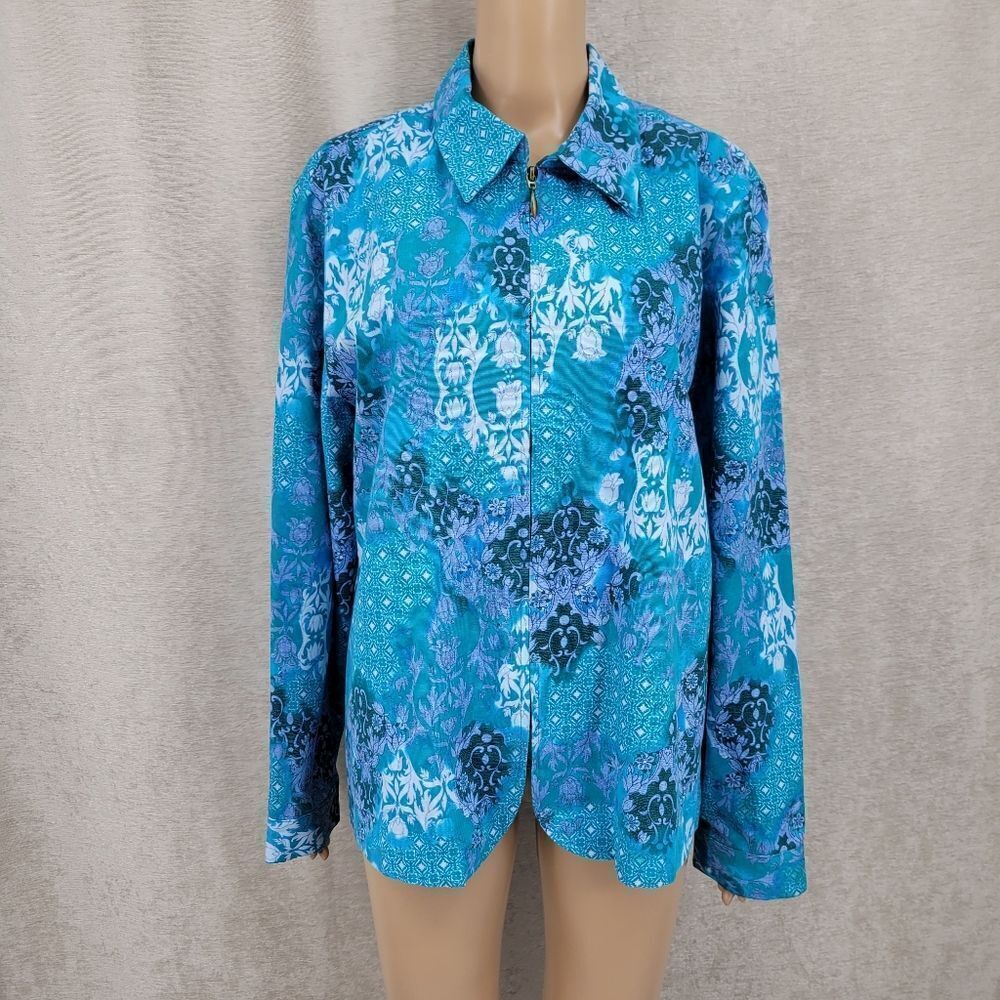 Coldwater Creek Vibrant Blue Floral Cotton Jacket Women's Size XL